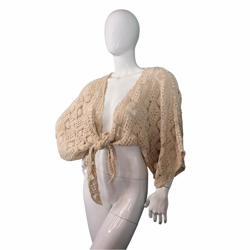 C’ISA Boho Floral sunshine Crochet Tie-Front Crop Shrug Size M Knit Shrug Sz M - Picture 9 of 15